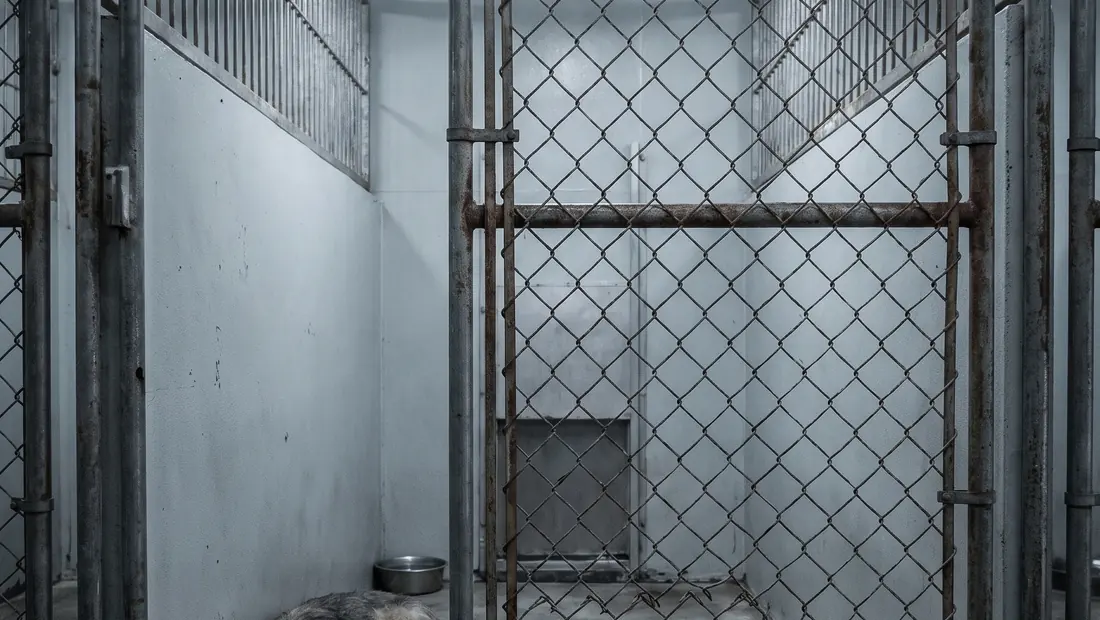 A bare concrete run at a typical boarding kennel