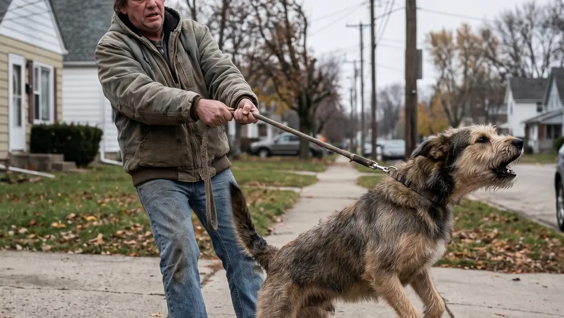 An owner struggling to hold back a lunging, reactive dog