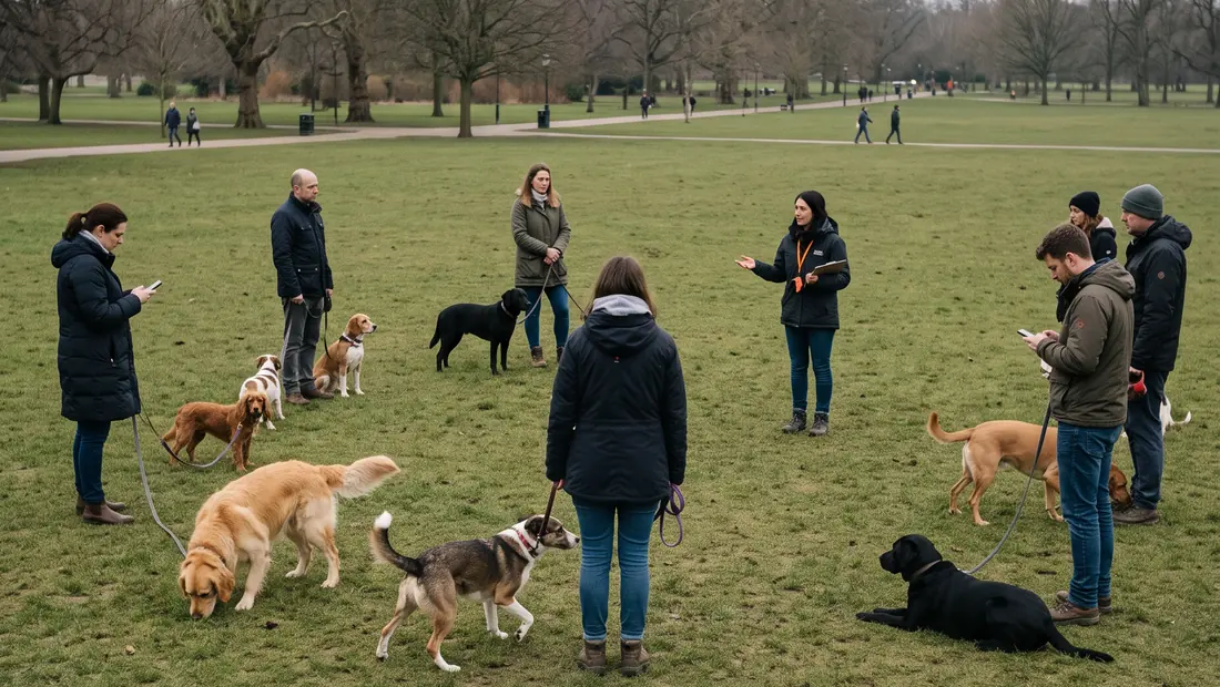 A large generic group dog training class in a park