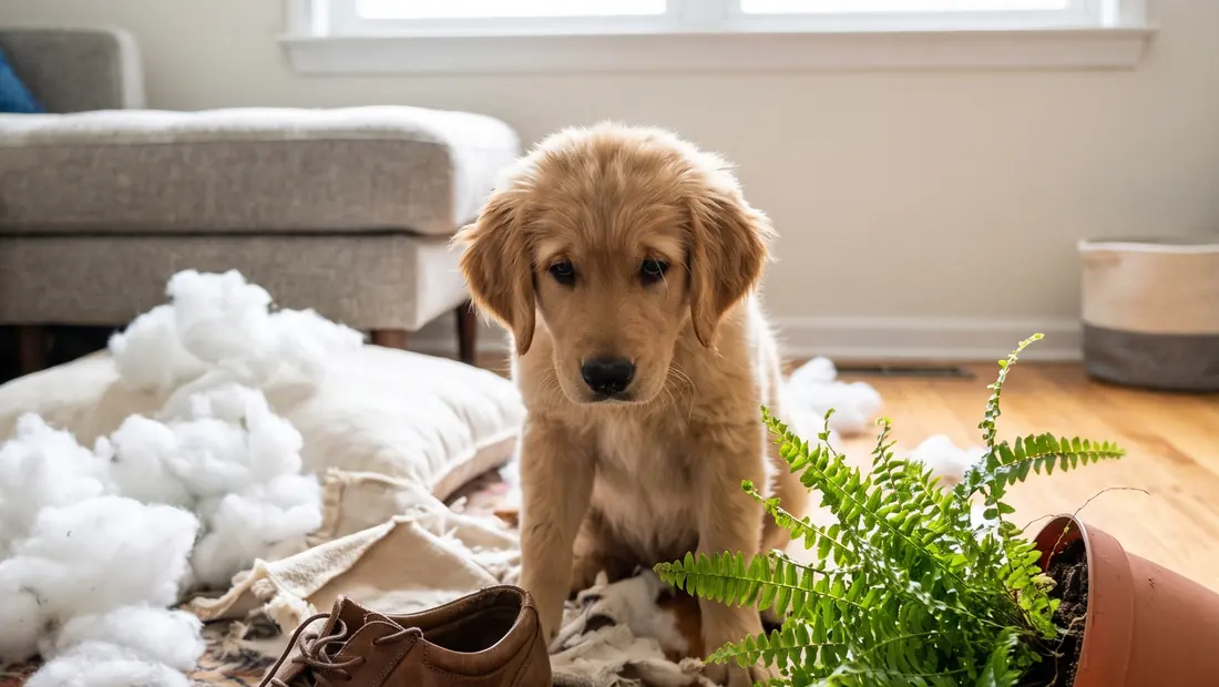 A living room destroyed by an untrained puppy