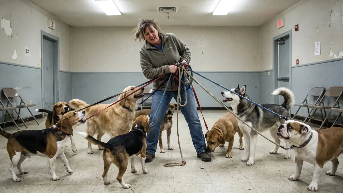 One trainer overwhelmed by too many dogs at once in a generic group class